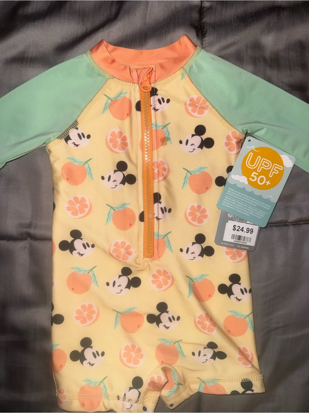 Kids UPF 50+ Peach Mickey Short Sleeve Rash Guard Swimsuit (new) size 3-6 months